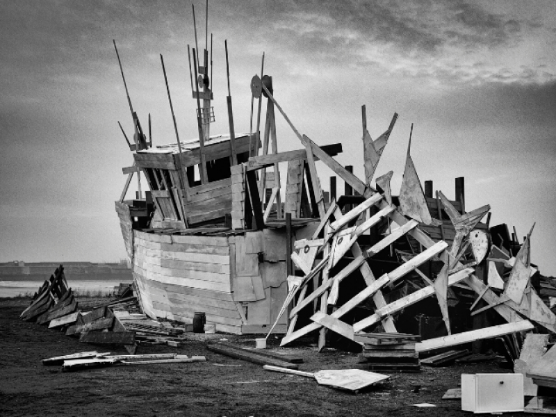 broken down ship on land