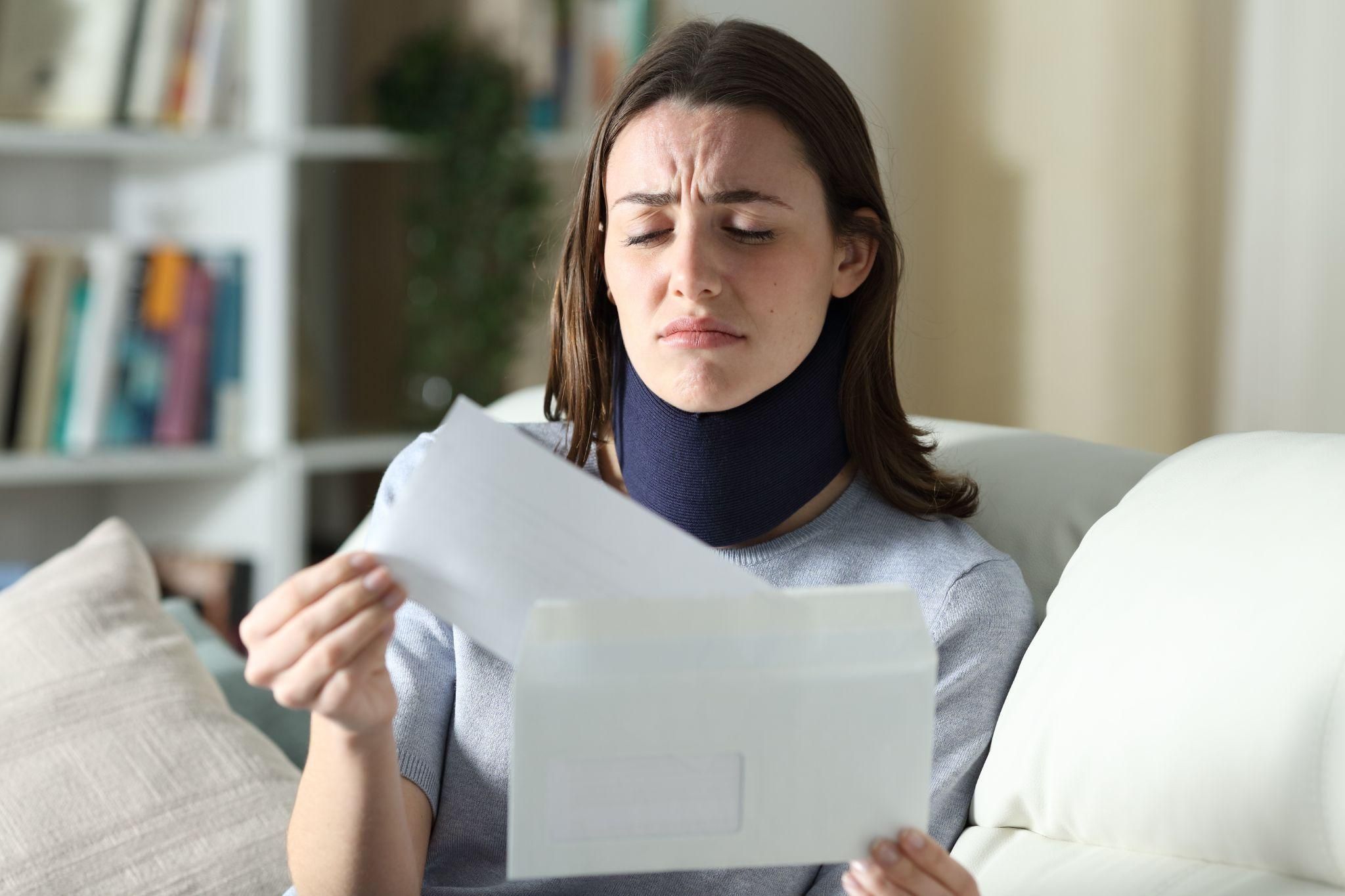 Injured woman with neck brace reads a letter, concerned, sitting on a couch in a living room.