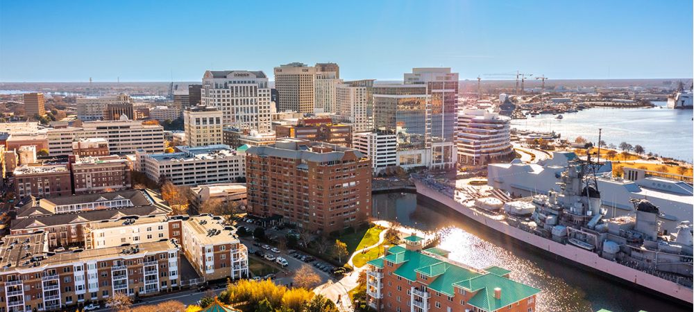 Ariel view of Norfolk, VA in the morning