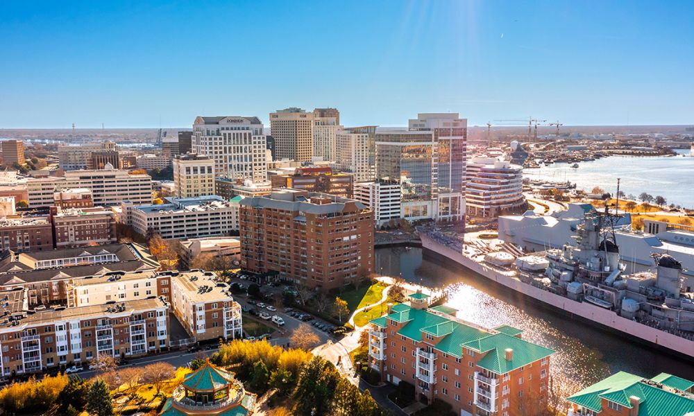 Ariel view of Norfolk, VA in the morning