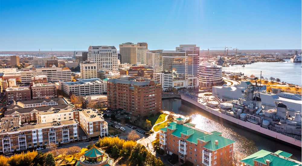 Ariel view of Norfolk, VA in the morning