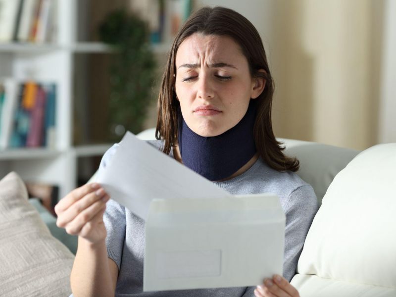 Injured woman with neck brace reads a letter, concerned, sitting on a couch in a living room.
