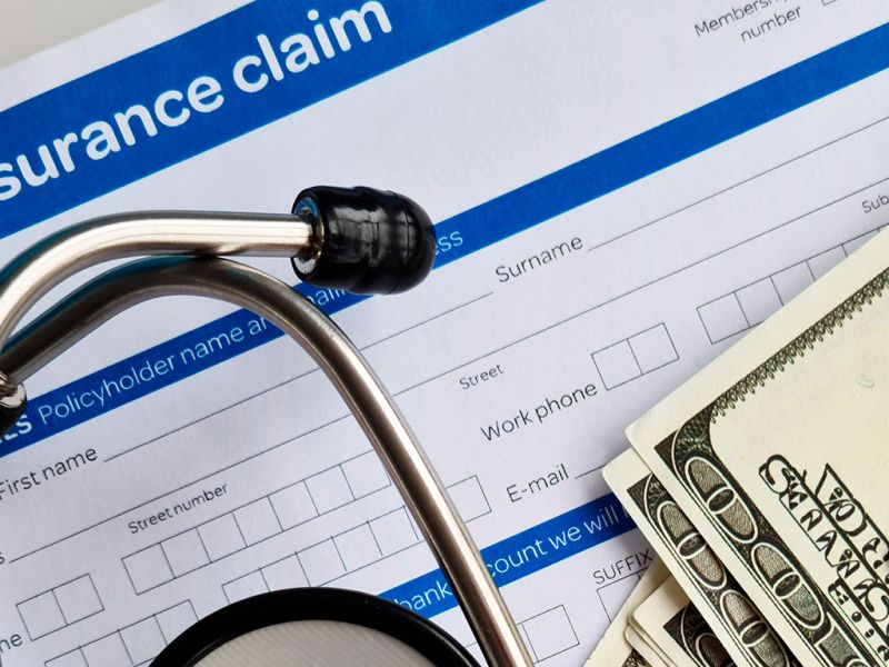 Stethoscope and cash on insurance claim form, representing healthcare finances and medical claims processing.