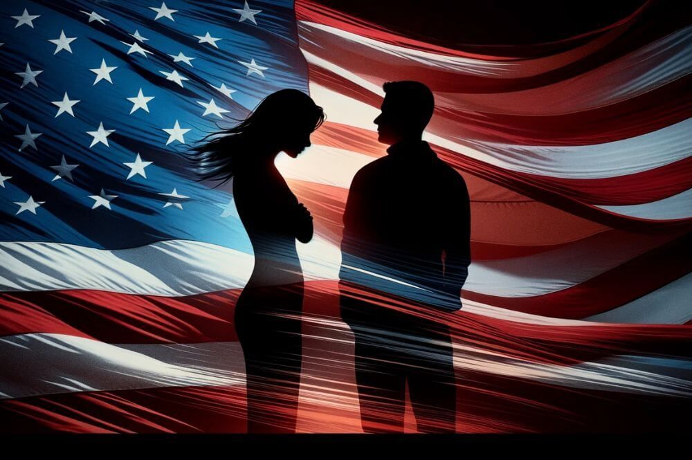 Military couple standing behind an American flag