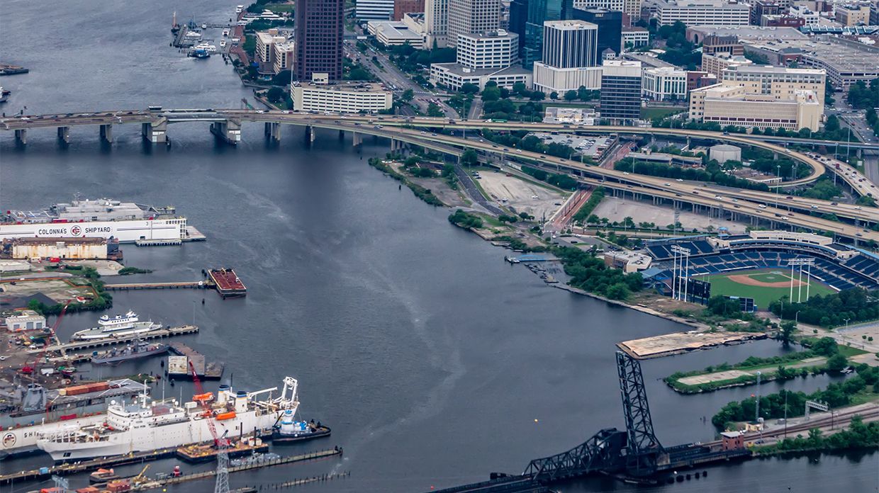 aerial of the city skyline in Norfolk, VA