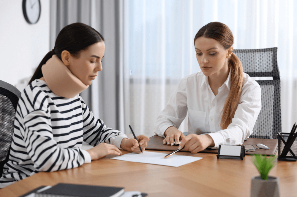 A woman with a neck brace sits at a table, writing while another woman in a white shirt points to paperwork, both engaged in discussion in a bright, modern office setting.