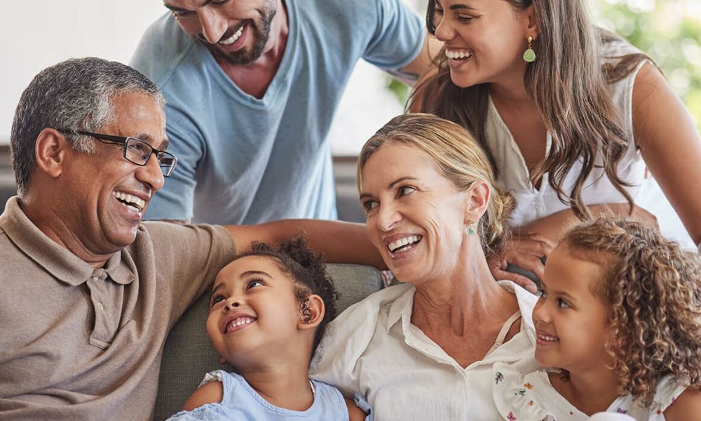 happy family on couch