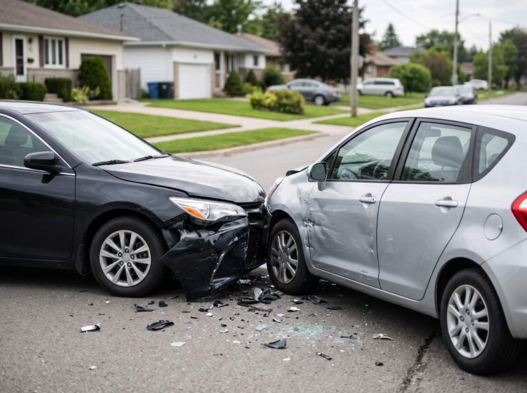 Two cars after a head-on collision on a residential street, with a torn-off bumper and broken glass across the road