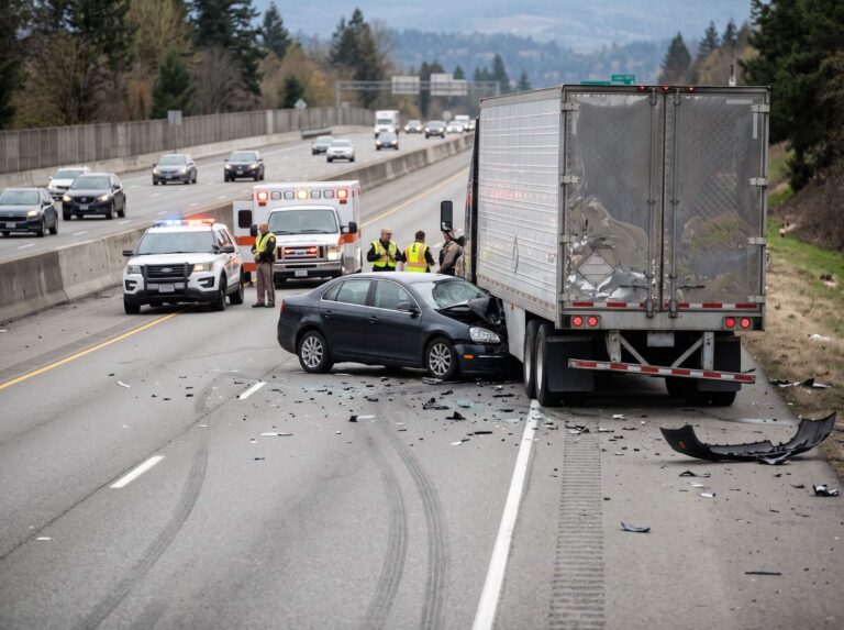 A sedan with a crushed front end wedged under the back of a box truck on a highway, with police and paramedics at the scene