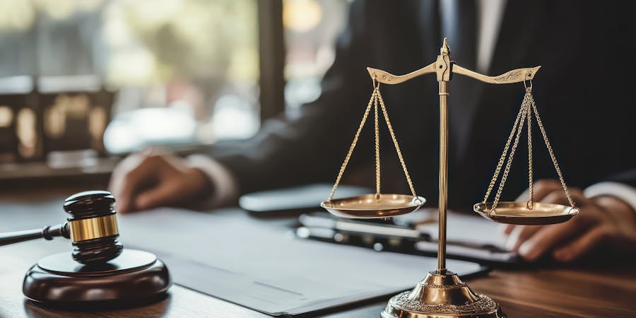 Scales of justice and gavel on a desk with a person in a business suit sitting behind, symbolizing legal authority and judgement in a courtroom or legal setting.