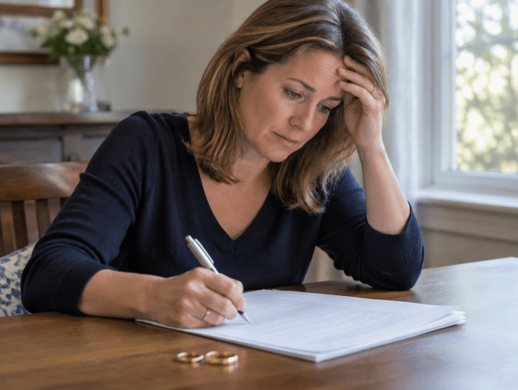 Woman signing divorce papers with rings on table, appearing stressed.