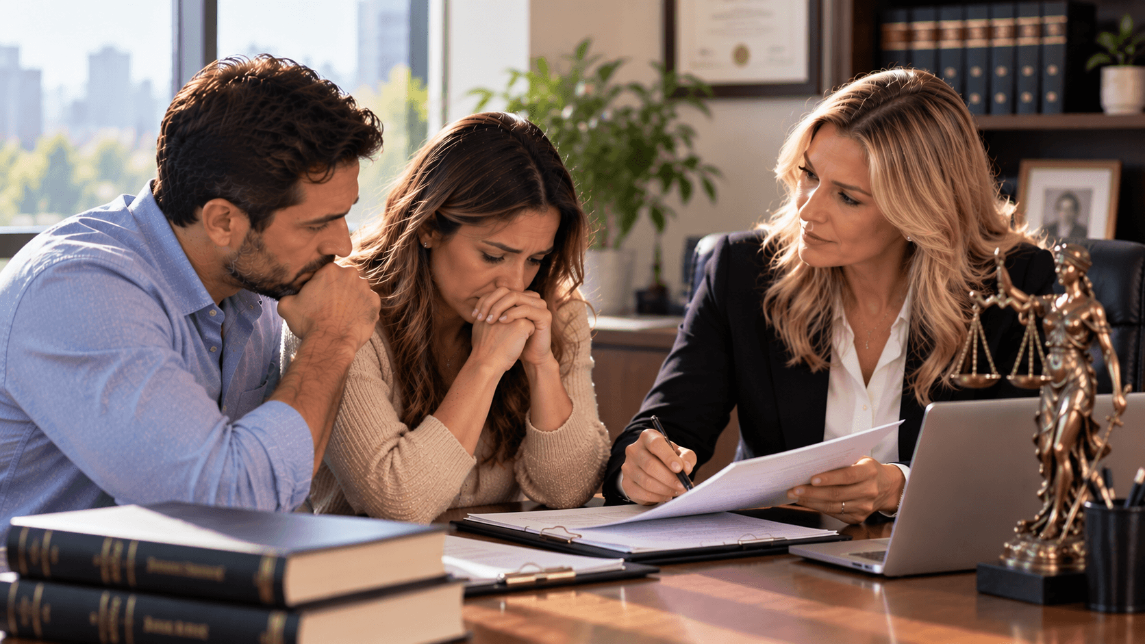 Three people sit at a table discussing documents; a woman appears concerned, a man listens attentively. Files and a Lady Justice statue are visible on the table in a bright office.