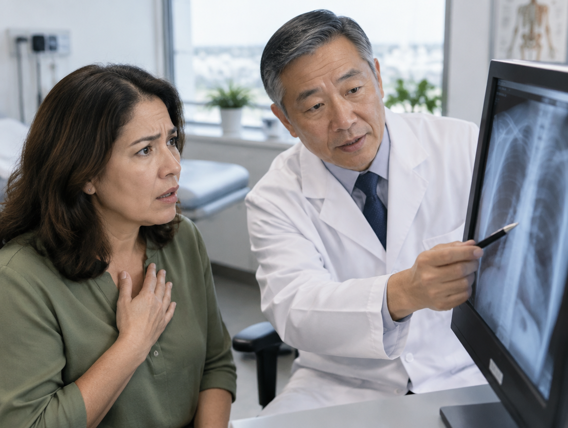 woman looking shocked while reviewing x-ray with medical practitioner