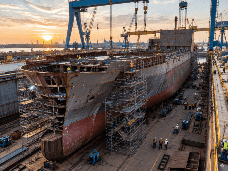 A cargo ship being built in a dock at a shipyard