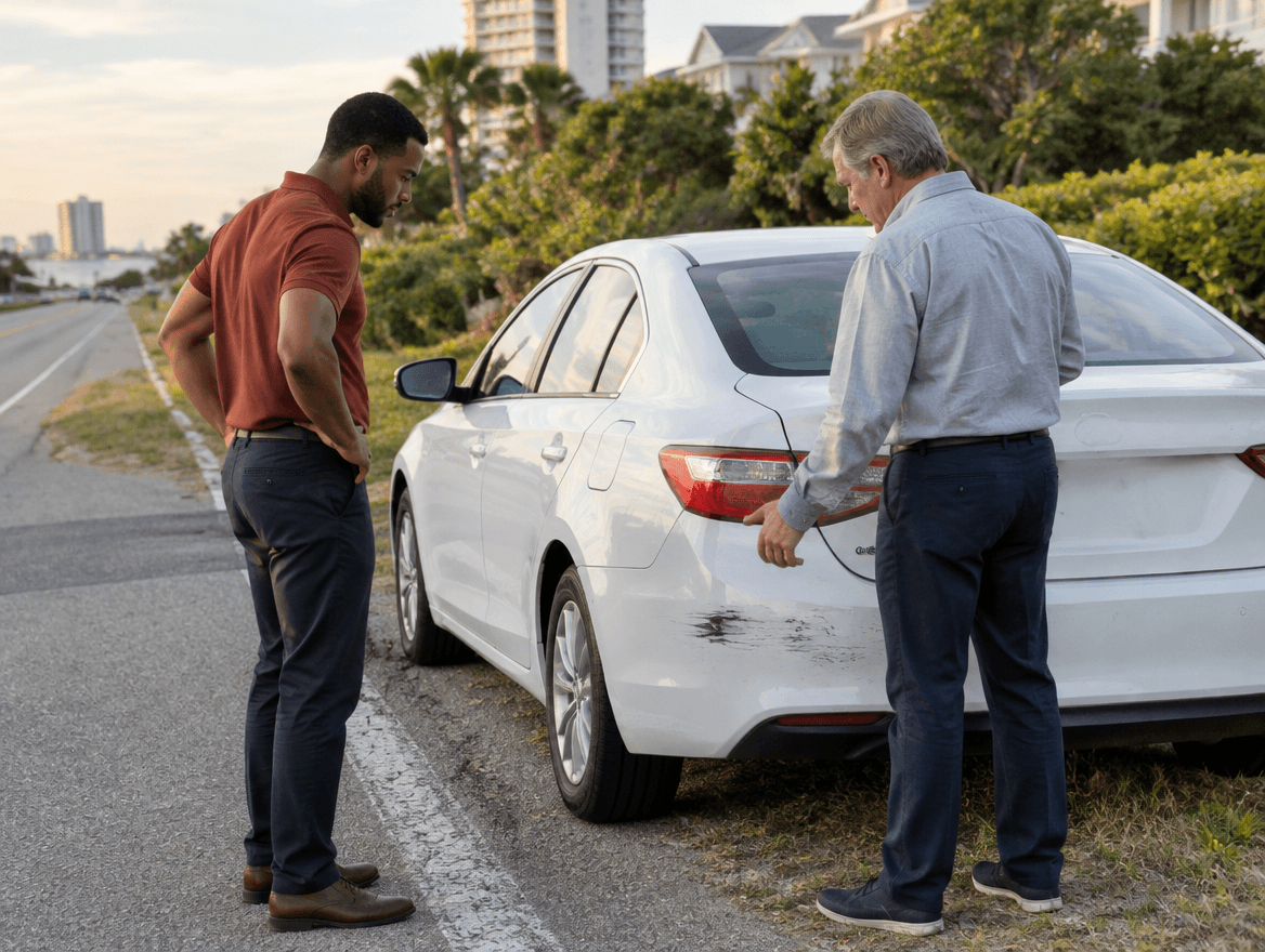 a couple of men standing next to a white car