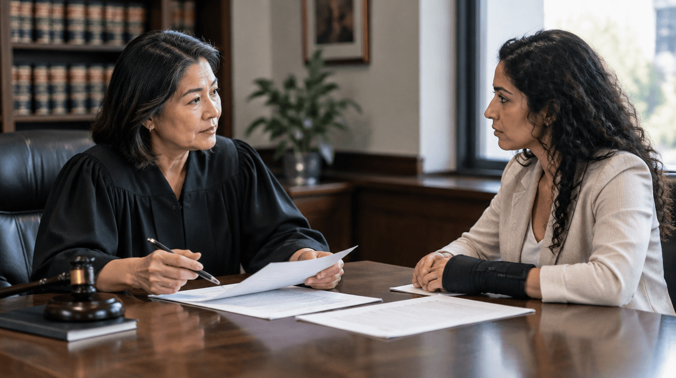 a judge and a woman sitting at a desk
