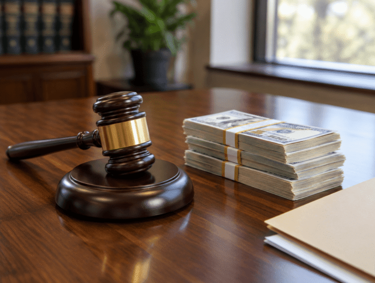 a judge's gavel and a stack of money on a table
