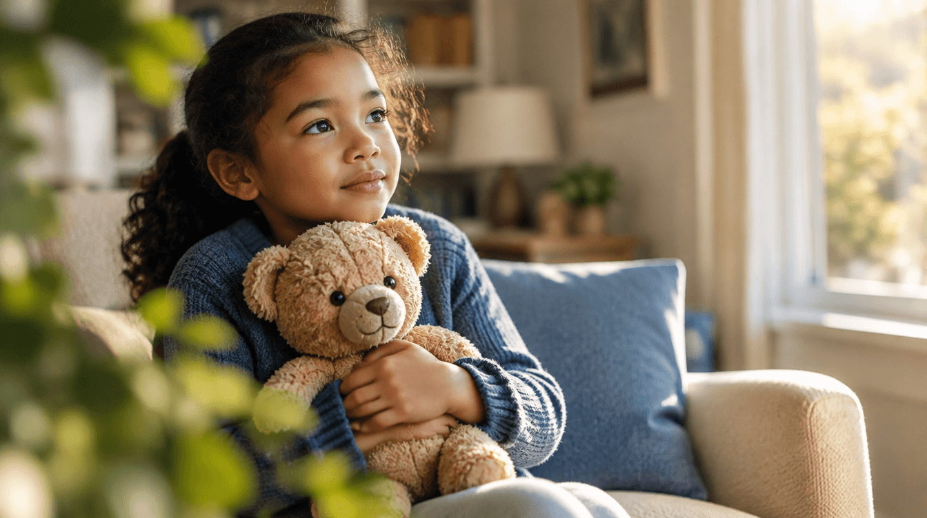 a little girl holding a teddy bear in her hands