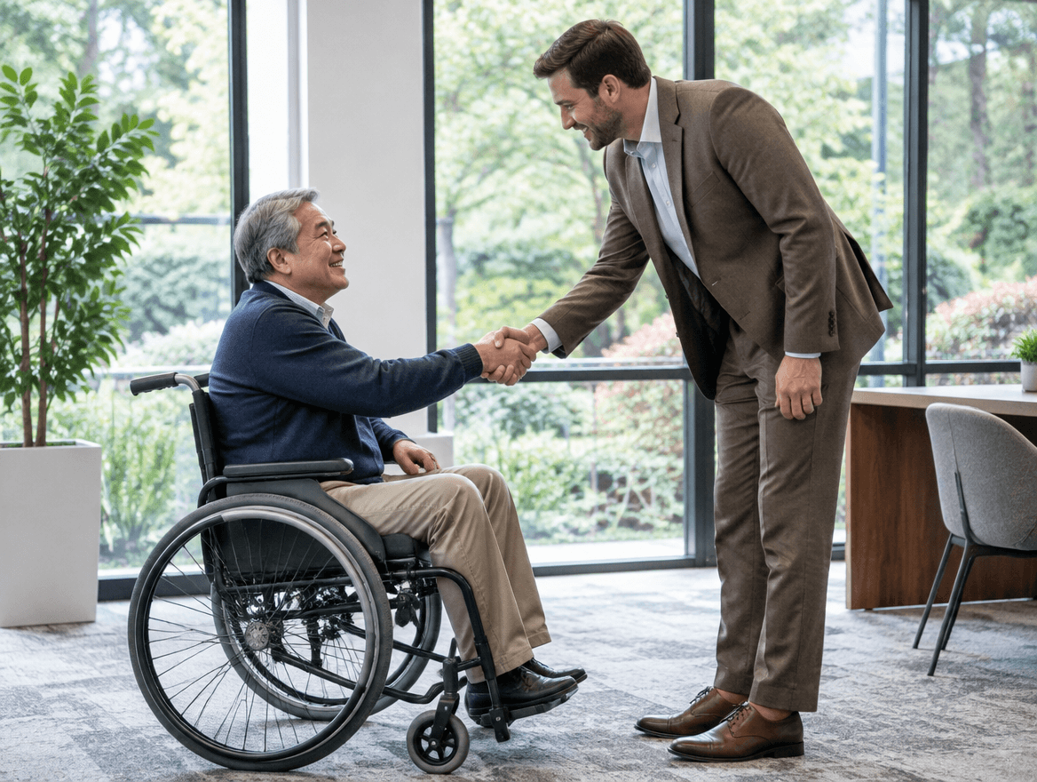 a man in a wheelchair shaking hands with a man in a suit