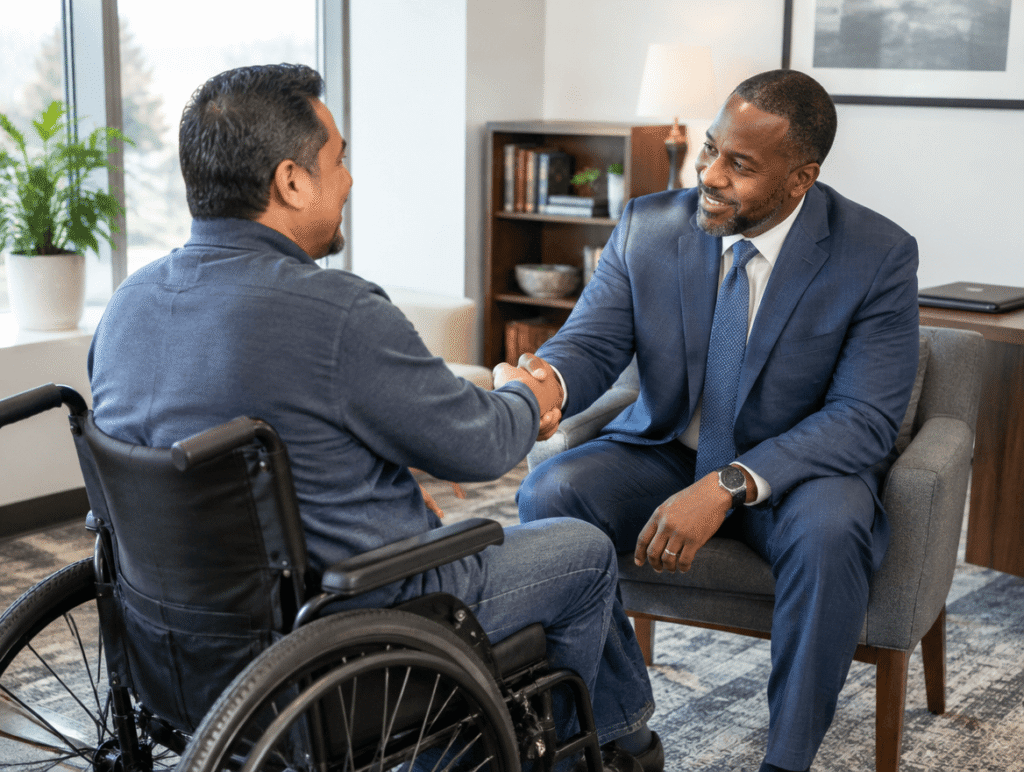 a man in a wheelchair shaking hands with another man