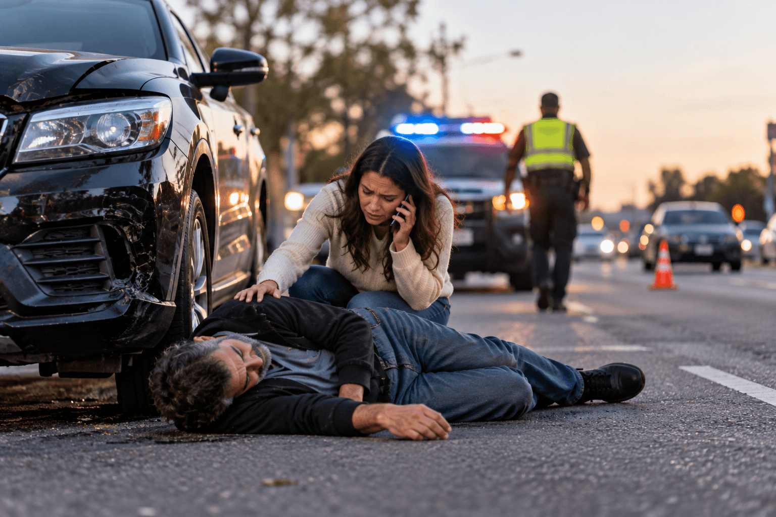 a man laying on the ground next to a car