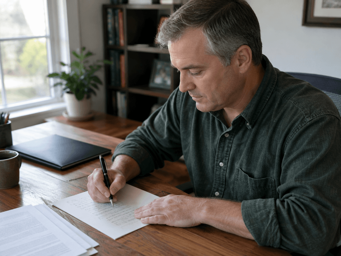 a man sitting at a desk writing on a piece of paper