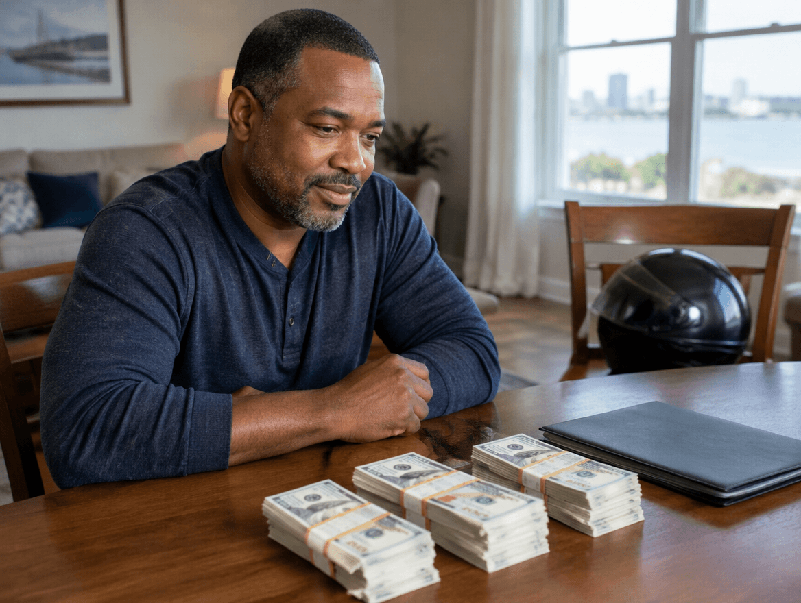 a man sitting at a table with stacks of money in front of him