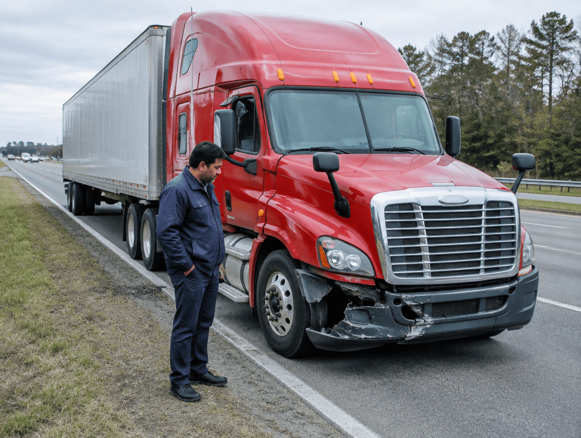 a man standing next to a red truck on a road