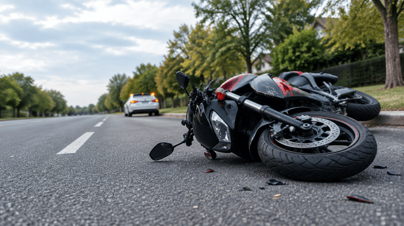 a motorcycle that is laying on its side in the street