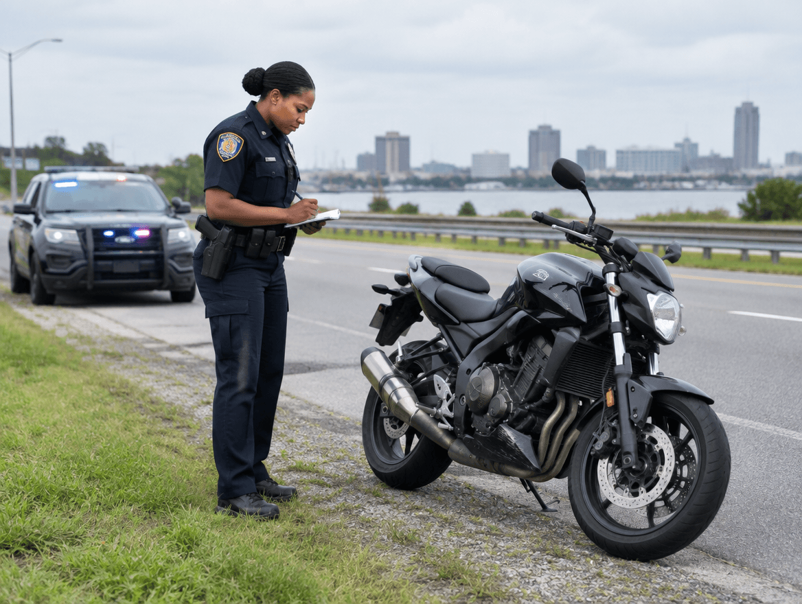 a police officer standing next to a motorcycle on the side of a road