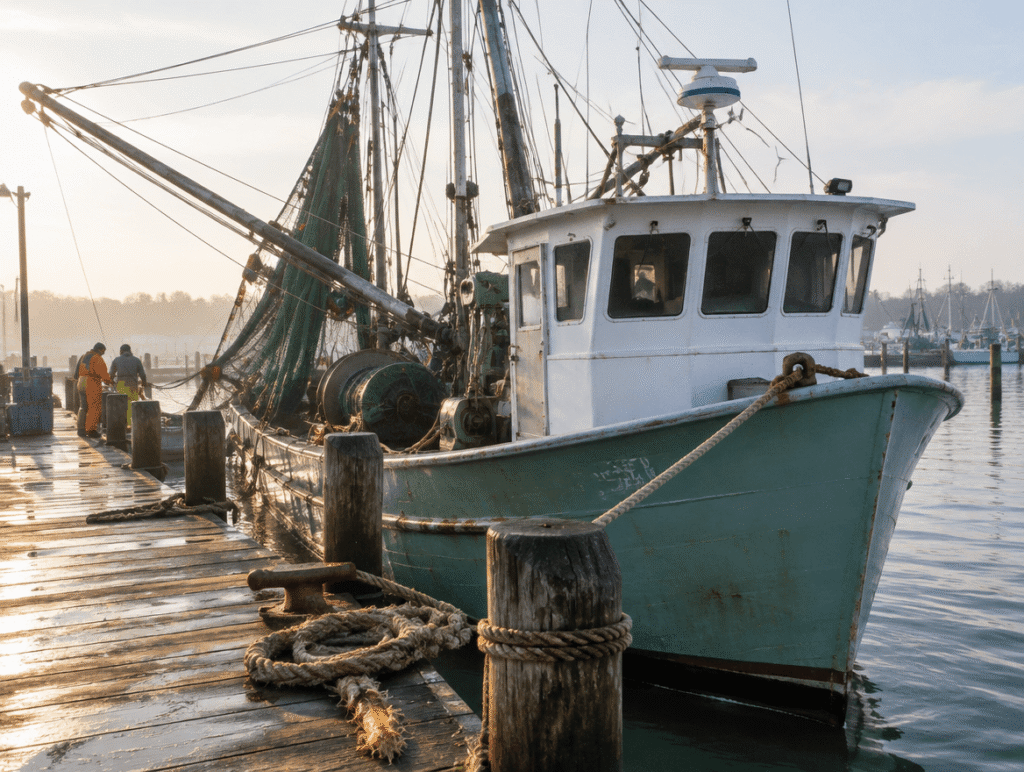 a shrimp boat at a dock