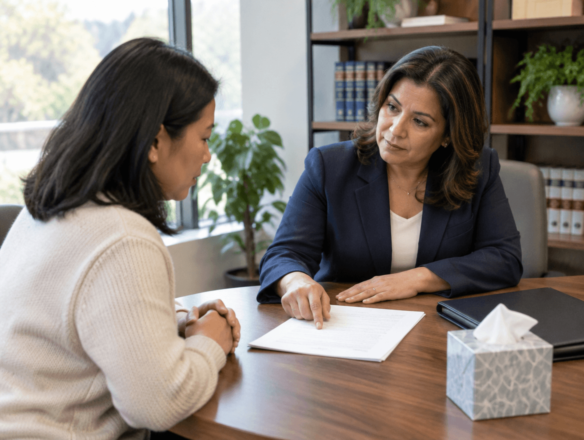 A woman consulting with a family law attorney at a table