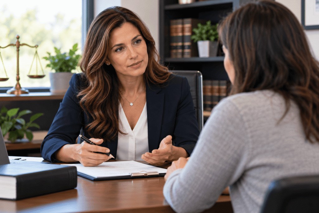 a woman sitting at a desk talking to another woman