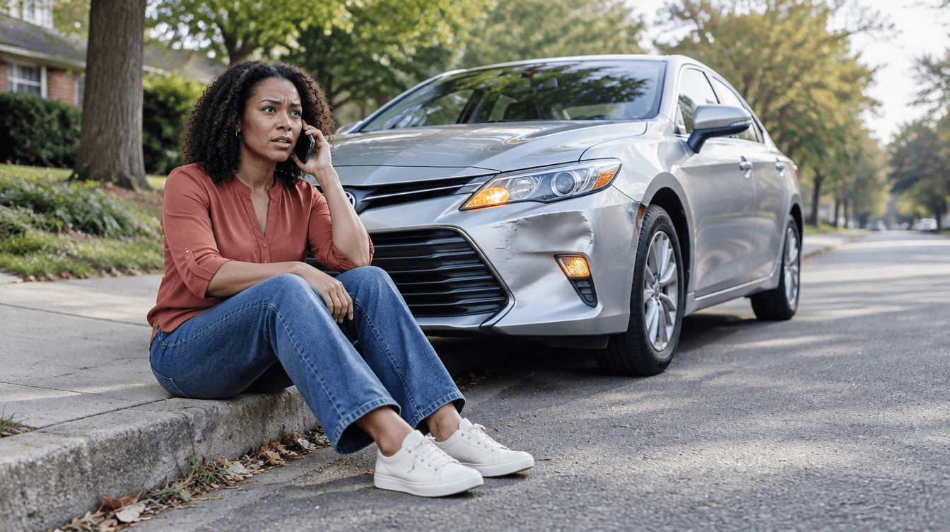 a woman sitting on the ground next to a car talking on a cell phone