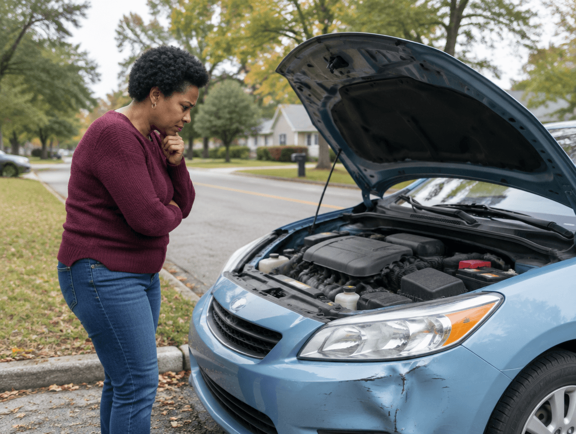 a woman standing next to a car with the hood open