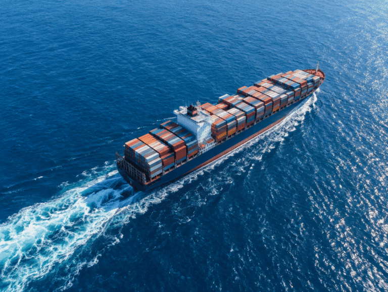 Aerial view of a large loaded container cargo carrier ship traveling on blue ocean
