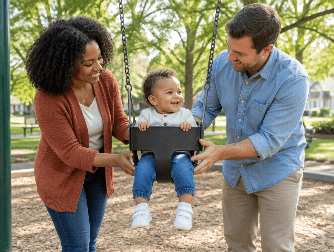 baby sitting on a swing between both parents