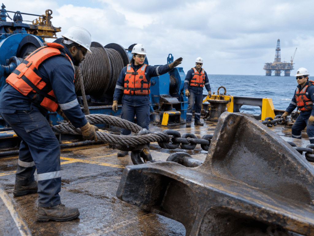 Offshore workers working together during anchor handling job on a construction barge at oil field