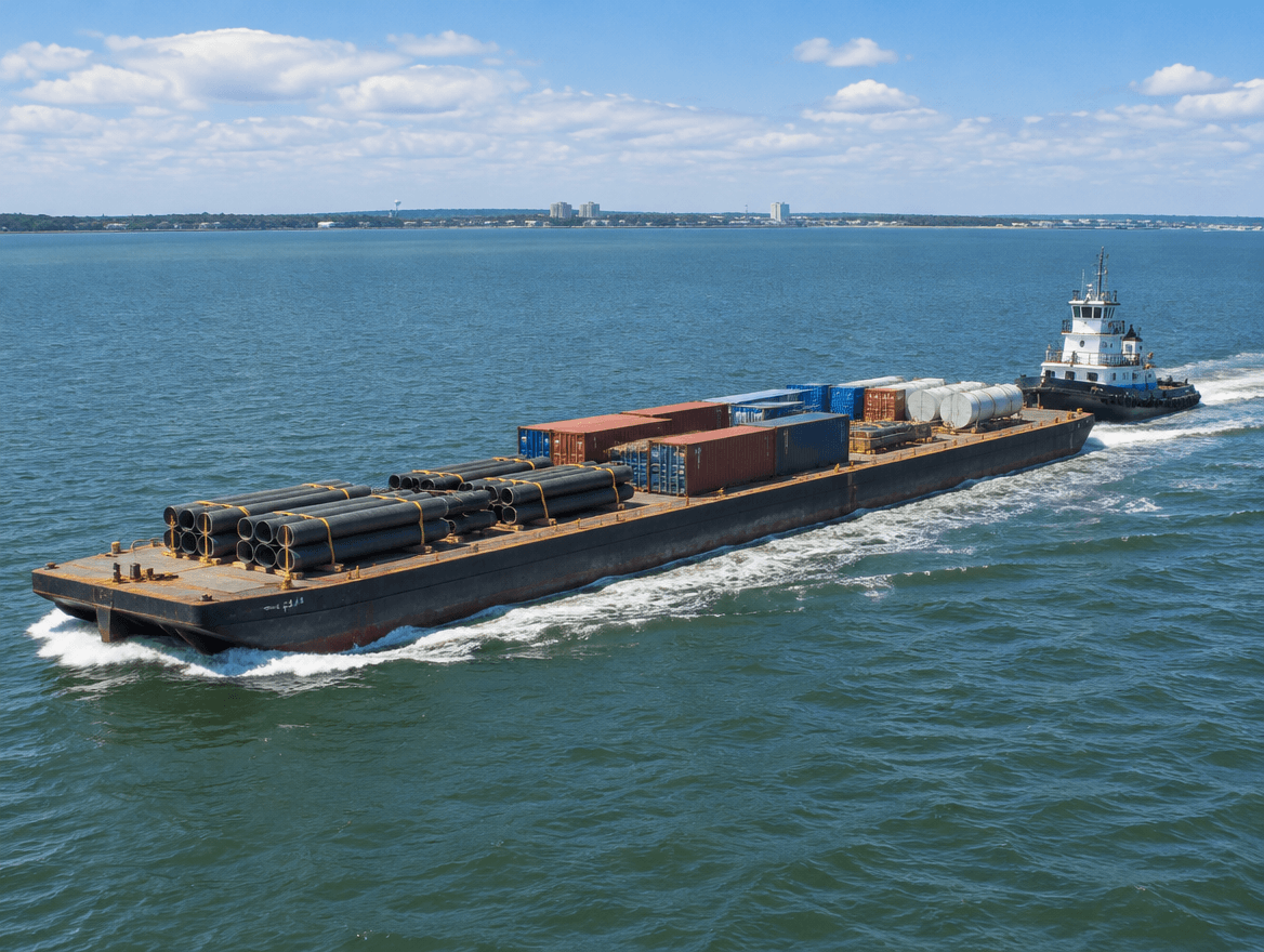a barge ship transporting cargo across the sea