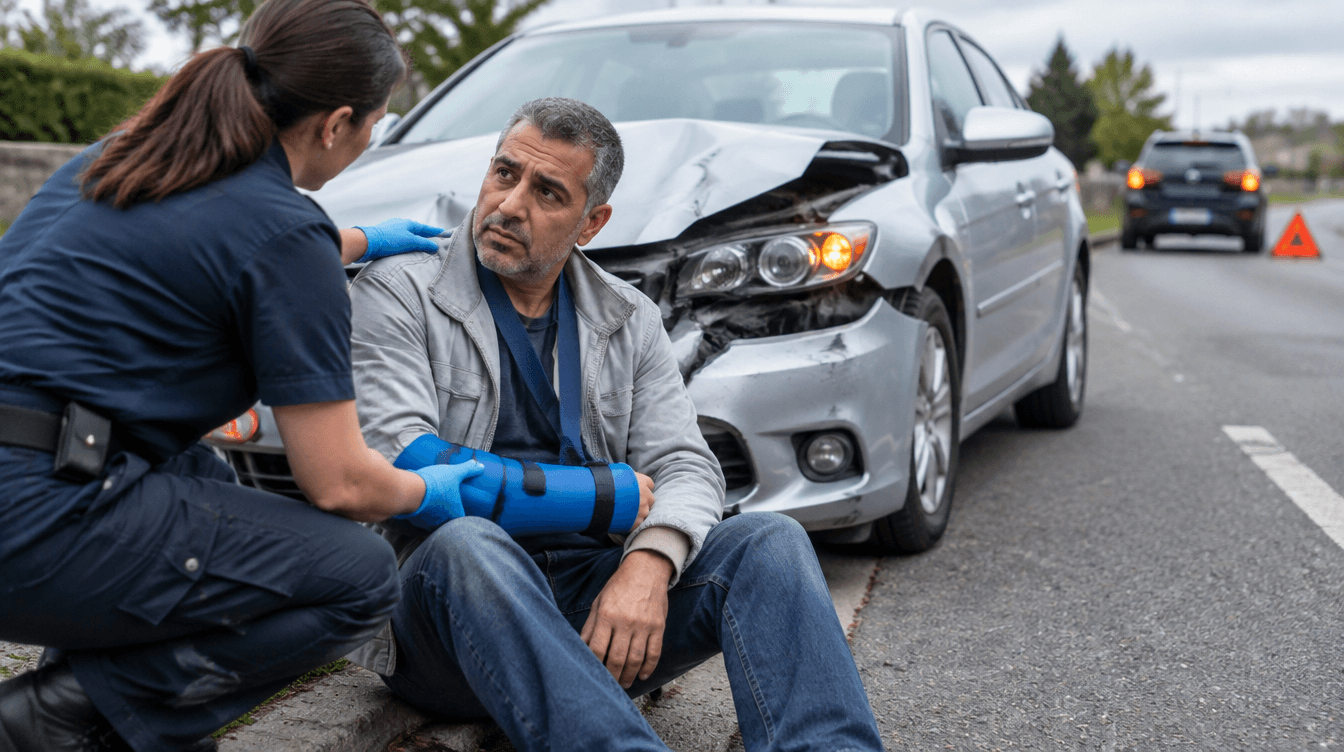 Man with broken arm in a blue cast