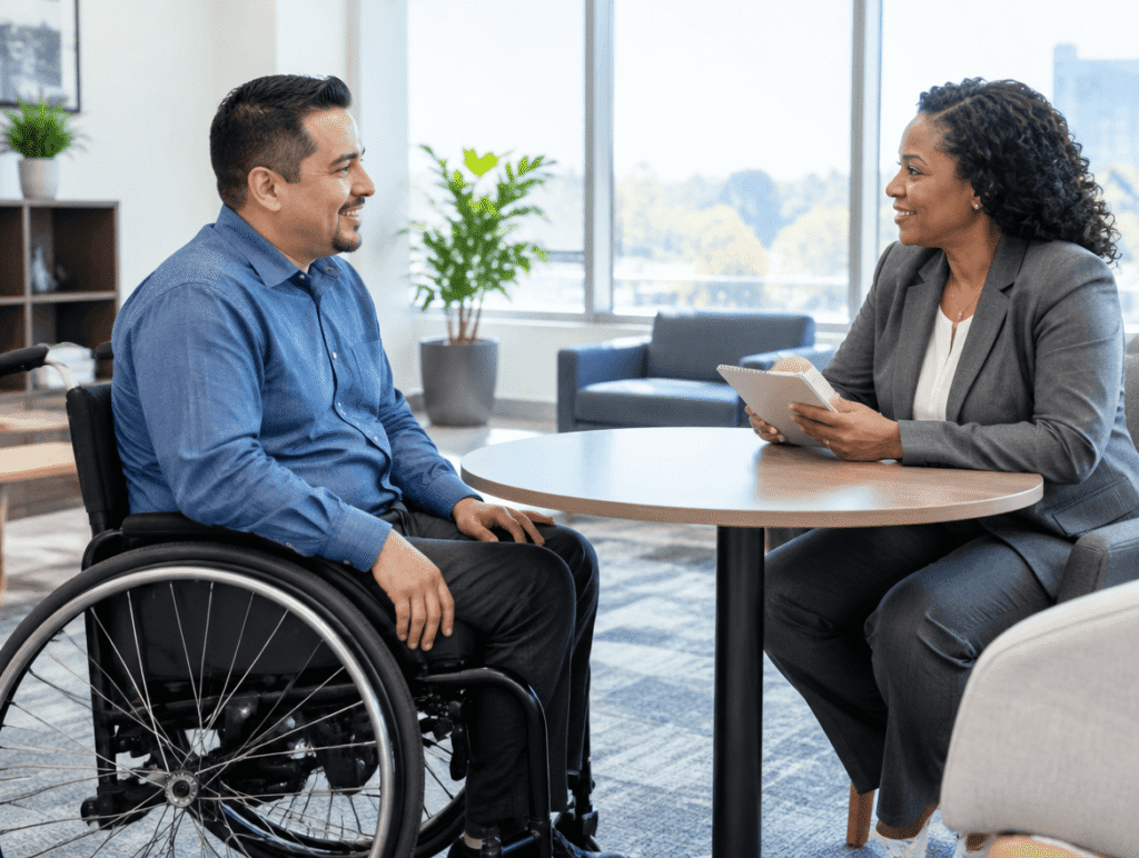 Man in a wheelchair smiling during a job interview with a woman in an office setting.