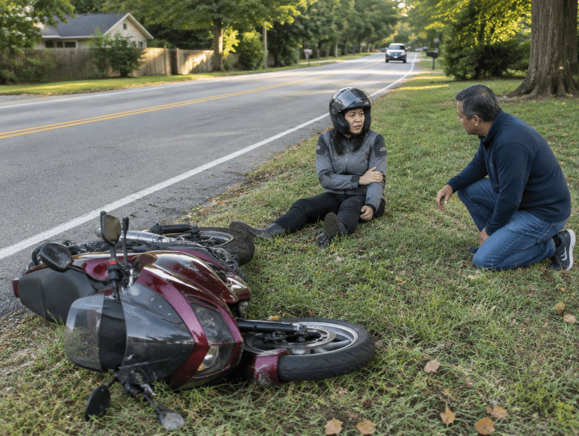 Rider in a helmet sitting by the road next to a fallen motorcycle as a man kneels to help