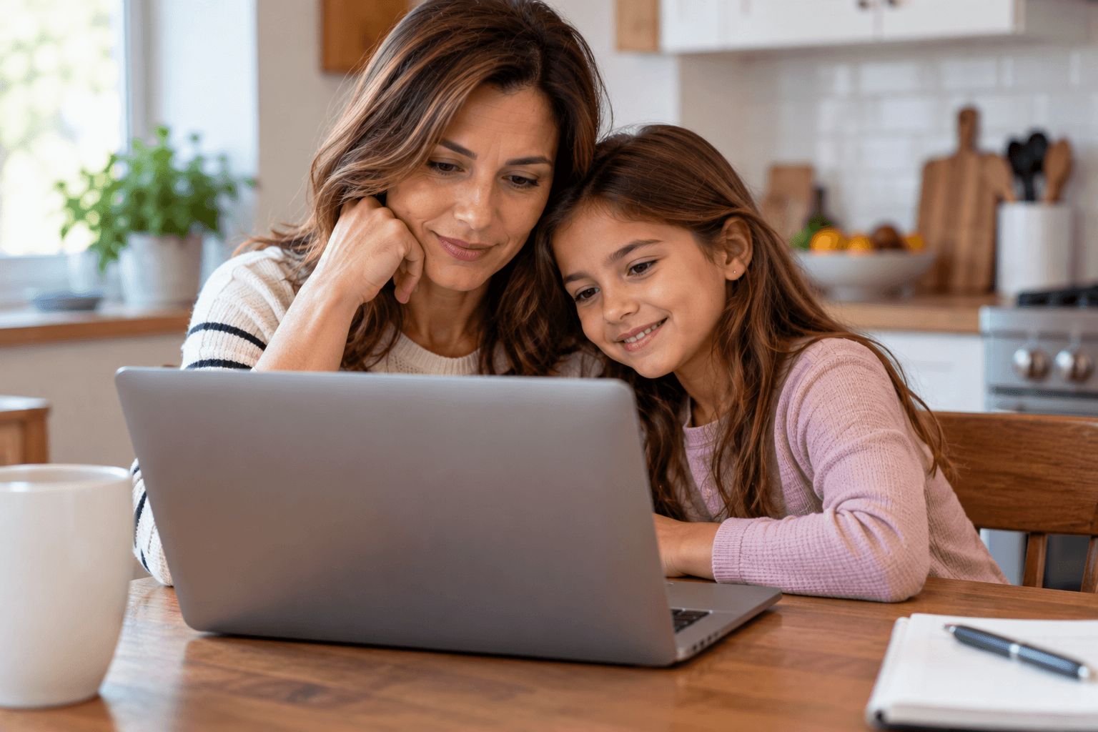 A woman and a young girl, embracing, are looking at a laptop in a home kitchen setting.