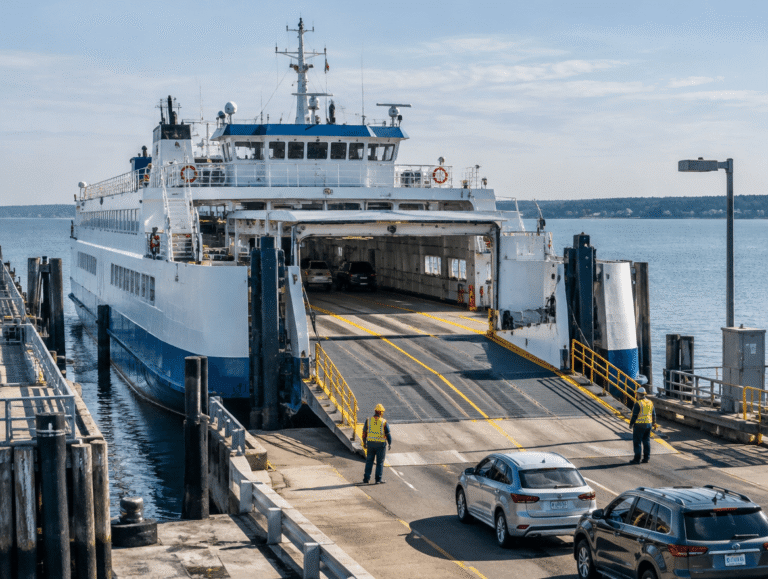Car ferry boat with open ramp waiting for boarding