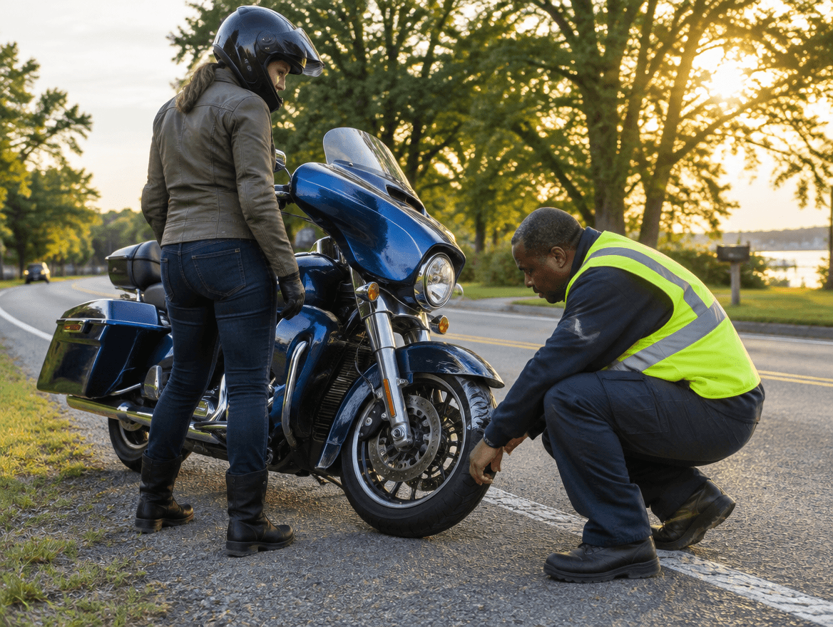 Man in a safety vest checking a motorcycle wheel at the roadside while the rider stands by