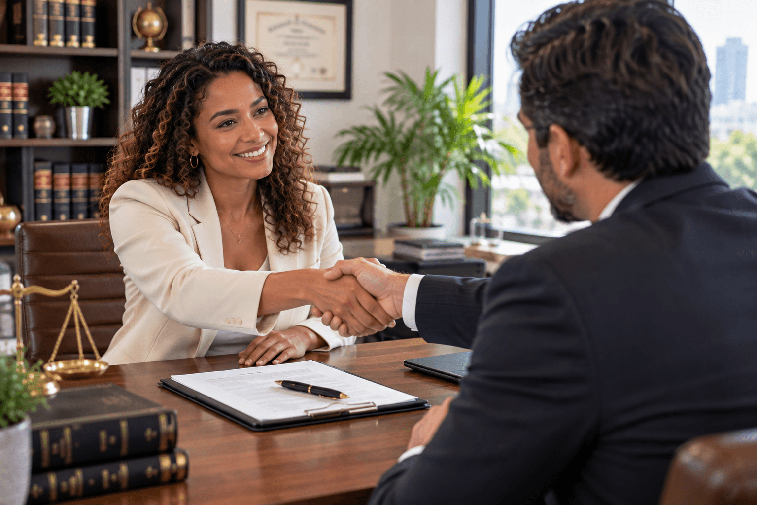 Two individuals are shaking hands over a desk, signifying agreement or greeting, with documents and a pen lying between them, likely in a professional setting.