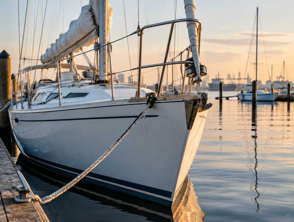 Closeup of a sailing boat in a harbor