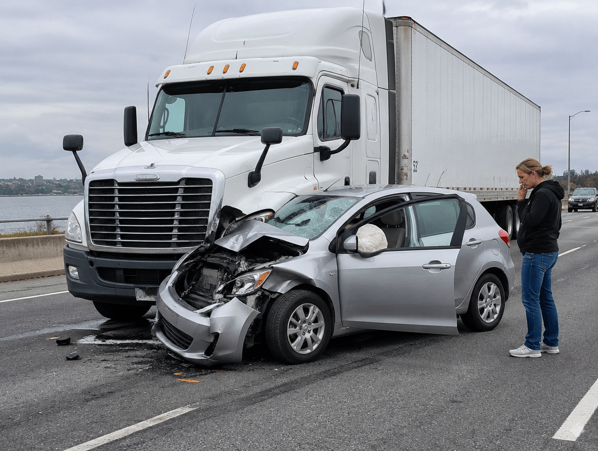 Commercial truck accident with small car and air-bag
