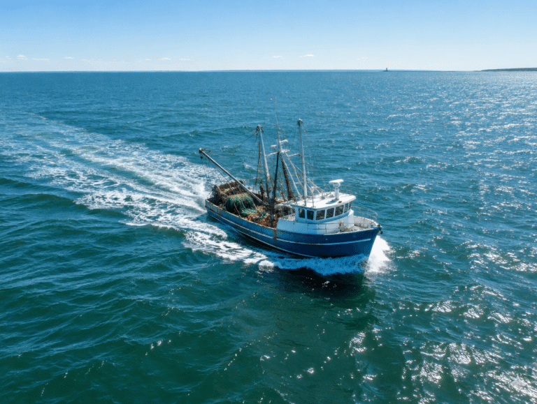 fishing boat sailing on the sea nice sunny day aerial view