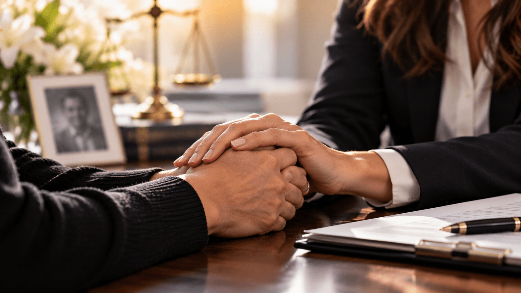 Close-up of two people holding hands, offering comfort and support, representing compassionate legal assistance during a difficult time.